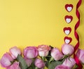 Pink roses, red and white hearts and red ribbon on yellow background. Valentines day background. Royalty Free Stock Photo