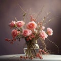 Delicate Vignette: Pink Roses And Berries In Organic Flowing Forms