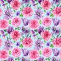 Pink roses and tulips flowers. Floral background, watercolor illustration, botanical painting. Seamless pattern Royalty Free Stock Photo