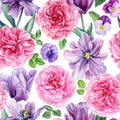 Pink roses and tulips flowers hand drawing. Floral background, watercolor botanical painting. Seamless pattern Royalty Free Stock Photo