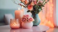 Pink Roses in Vase with Burning Candles on Pink Table. Blurred Pink Fairy Lights Background. Royalty Free Stock Photo