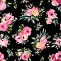 Pink roses watercolor seamless pattern on black background, vintage print with green leaves and flowers Royalty Free Stock Photo