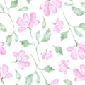 Pink flowers watercolor painting - hand drawn seamless pattern with blossom on white background