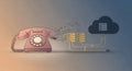 Pink rotary dial telephone connected to cloud computing network with servers and cables on gradient background Royalty Free Stock Photo