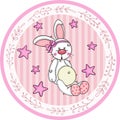 Pink round baby shower sticker labels with girl bunny