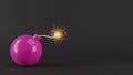 Pink round bomb with sparkling wick on black background. Creative background. 3D rendered image.