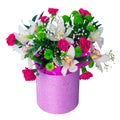 Pink round hat box of different flowers - arrangement of white Orchid, red Carnation, green Chrysanthemum, isolated on white Royalty Free Stock Photo