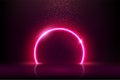 Pink round neon circle frame and magic falling particles, abstract electric ring