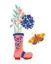 Pink rubber boots with floral bouquet and butterfly. Spring flowers in wellies. Seasonal card composition Royalty Free Stock Photo