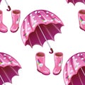 Pink rubber boots and umbrella in a vector style isolated.