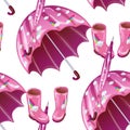 Pink rubber boots and umbrella in a vector style isolated.