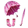 Pink rubber boots and umbrella in a vector style isolated.