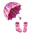 Pink rubber boots and umbrella in a vector style isolated.