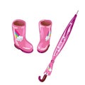 Pink rubber boots and umbrella in a vector style isolated.