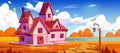 Pink rural house on fall forest glade near lake Royalty Free Stock Photo