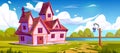 Pink rural house on forest glade near lake Royalty Free Stock Photo