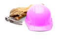 Hammer and Pink Safety Hard Hat, Construction with Leather Gloves Isolated on a White Background with Transparent PNG Option. Royalty Free Stock Photo