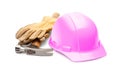 Construction Hard Hat, Hammer and Leather Gloves Isolated on a White Background with Transparent PNG Option. Royalty Free Stock Photo