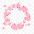 Pink sakura falling petals in circle vector background. 3D romantic illustration. Transporent banner with sakura