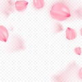Pink sakura falling petals vector background. 3D romantic illustration. Transporent banner with sakura