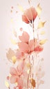 Pink sakura flowers with golden leaves and sparkles. Abstract watercolor background. Floral art. Copy space. Minimalist Royalty Free Stock Photo