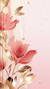 Pink sakura flowers with golden leaves and sparkles. Abstract watercolor background. Floral art. Copy space. Minimalist Royalty Free Stock Photo