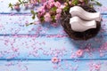 Pink sakura flowers and two white wooden decorative birds in ne Royalty Free Stock Photo