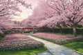 pink sakura tree in the garden.gentle lake. warm shades of pink. Royalty Free Stock Photo