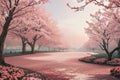 pink sakura tree in the garden.gentle lake. warm shades of pink. Royalty Free Stock Photo