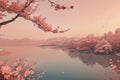 pink sakura tree in the garden.gentle lake. warm shades of pink. Royalty Free Stock Photo