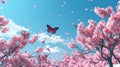 Pink sakura tree, Pink butterfly. Generative Ai