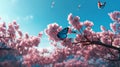 Pink sakura tree, Pink butterfly. Generative Ai