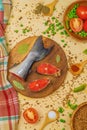 On a wooden rustic table there are food items for cooking dinner Royalty Free Stock Photo