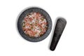 Pink salt with bay leaf in granite mortar with pestle Royalty Free Stock Photo