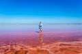 pink salt lake. Exploring nature, travel, family vacation in Kherson region, Ukraine. Happy time for people to improve