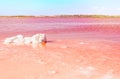 Pink Salt Lake and a lump of salt in the water. Torrevieja, Spain Royalty Free Stock Photo