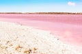 Pink Salt lake and the shore is covered with salt. Torrevieja, Spain Royalty Free Stock Photo