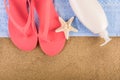 Summer Vibes: Beautiful Pink Sandal Flip Flop with Suntan Cream and Starfish on Sand Beach