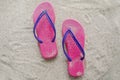 Pink sandal on sandy beach