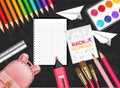 Pink satchel and drawing tools Vector realistic top view. Brush, watercolor palette, pencils, crayons. Black background Royalty Free Stock Photo