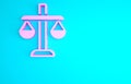 Pink Scales of justice icon isolated on blue background. Court of law symbol. Balance scale sign. Minimalism concept. 3d