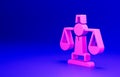 Pink Scales of justice icon isolated on blue background. Court of law symbol. Balance scale sign. Minimalism concept. 3D