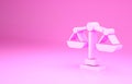 Pink Scales of justice icon isolated on pink background. Court of law symbol. Balance scale sign. Minimalism concept. 3d
