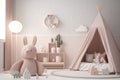 Pink scandinavian interior kids\' bedroom with toys an dolls AI generated