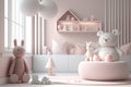 Pink scandinavian interior kids\' bedroom with toys an dolls AI generated