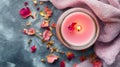 Pink Scented Candle Burning With Rose Petals Royalty Free Stock Photo