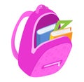 Pink school backpack books ruler sticking out. Education essentials students. Back school supplies