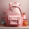 Pink school backpack with books and stationery. 3D rendering