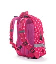 Pink school backpack with white dots isolated on white