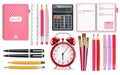 Pink school supplies Vector realistic. Alarm clock, calculator, notebook and pen tools. Detailed 3d illustrations